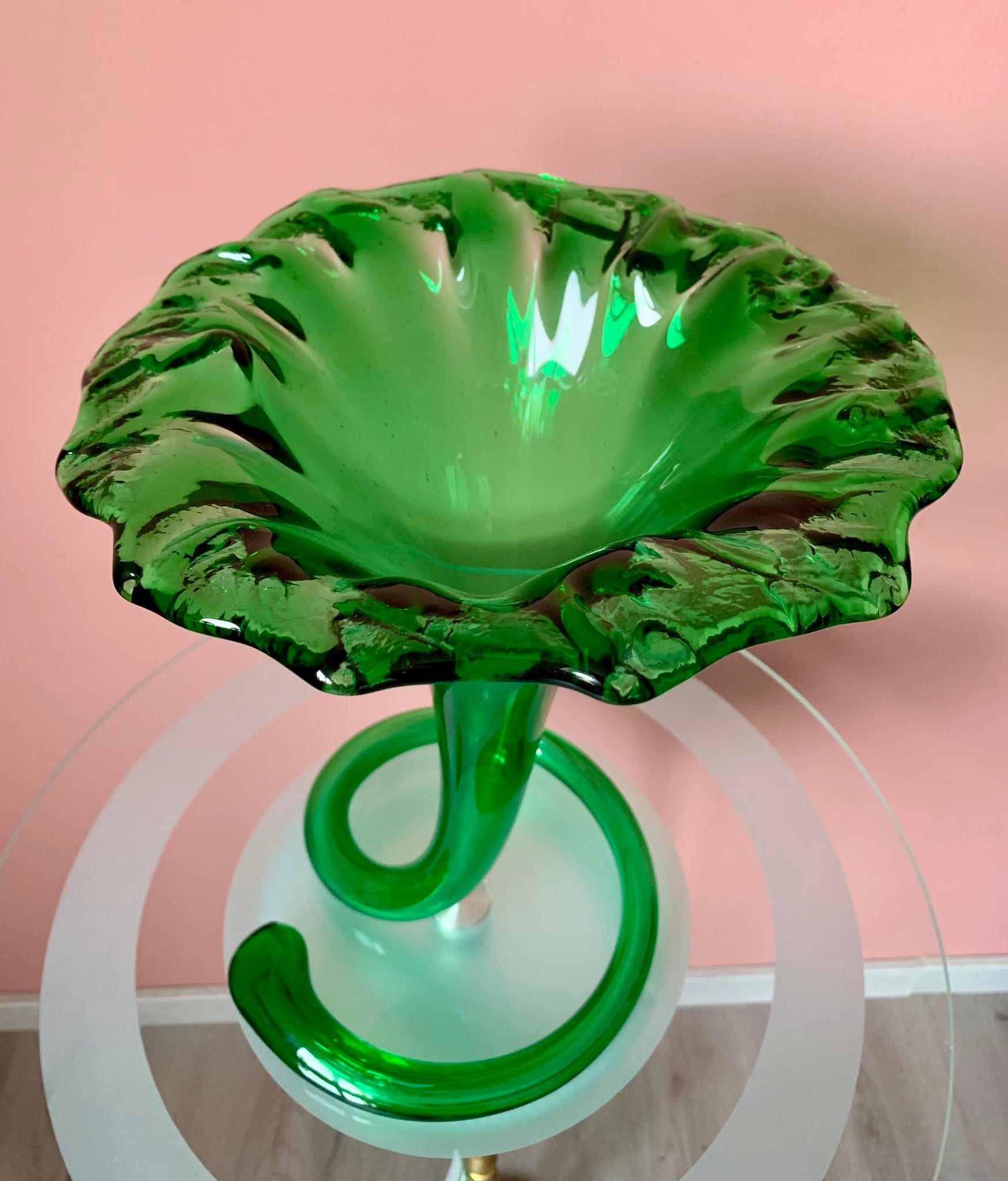 【 超希少品 】70's STIVER ITALY 大型 花瓶 クリスタル 緑 Stiver Italy 1970s Green Glass Large Flower Vase, Vintage