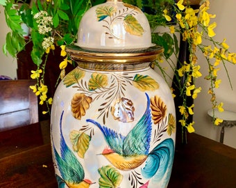 Grand vase en céramique Hubert Bequet Quaregnon oiseaux du paradis fait main Belgique