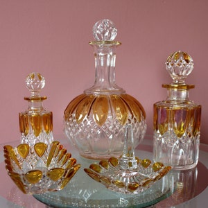 Dressing Table Set Crystal - Belgian Val Saint Lambert - Honey Yellow Cut Glass - Perfume Bottles - Ring Holder - Jewelry Bowl - Carafe