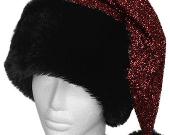¡VENTA FINAL! Gorro de Papá Noel de tul brillante y piel sintética de lujo color burdeos y negro.