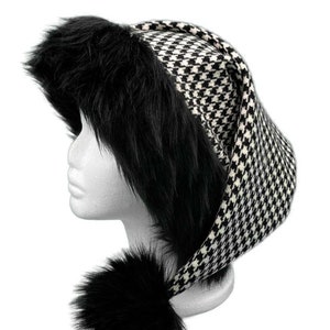 CASHMERE Wool Houndstooth Luxury Faux Fur Santa Hat