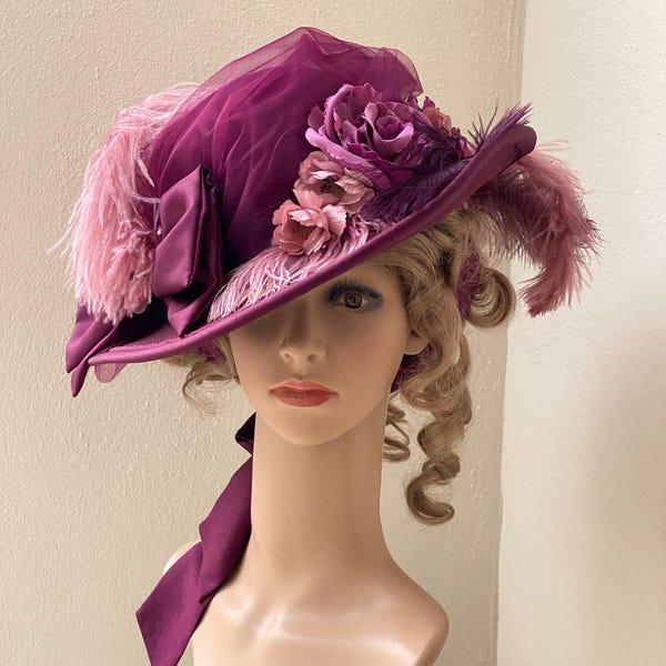 Costume hat in burgundy with tulle and feathers, Edwardian hat, Empire style, wedding, Gothic, feathered hat, faccinator, Edwardian, historical