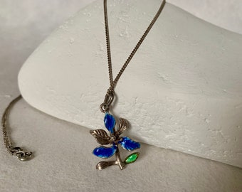Art Nouveau 800 silver pendant flower with enamel lily antique pendant with chain flower in blue/green silver jewelry