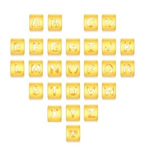 May include: Gold alphabet letter beads in a heart shape. Each bead is a square with a letter cut out. The letters are A through Z and a heart.