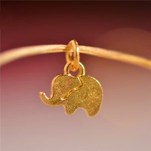 May include: A gold-colored elephant charm pendant. The charm is a silhouette of an elephant with textured details. The pendant is suspended from a thin, gold-colored chain, against a blurred background.