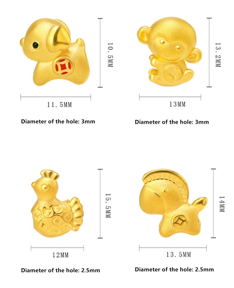 May include: Four gold-colored charms in the shape of a dog, monkey, chicken, and horse. Each charm has a red circle with a Chinese character in the center. The charms are approximately 1-2 inches in size.