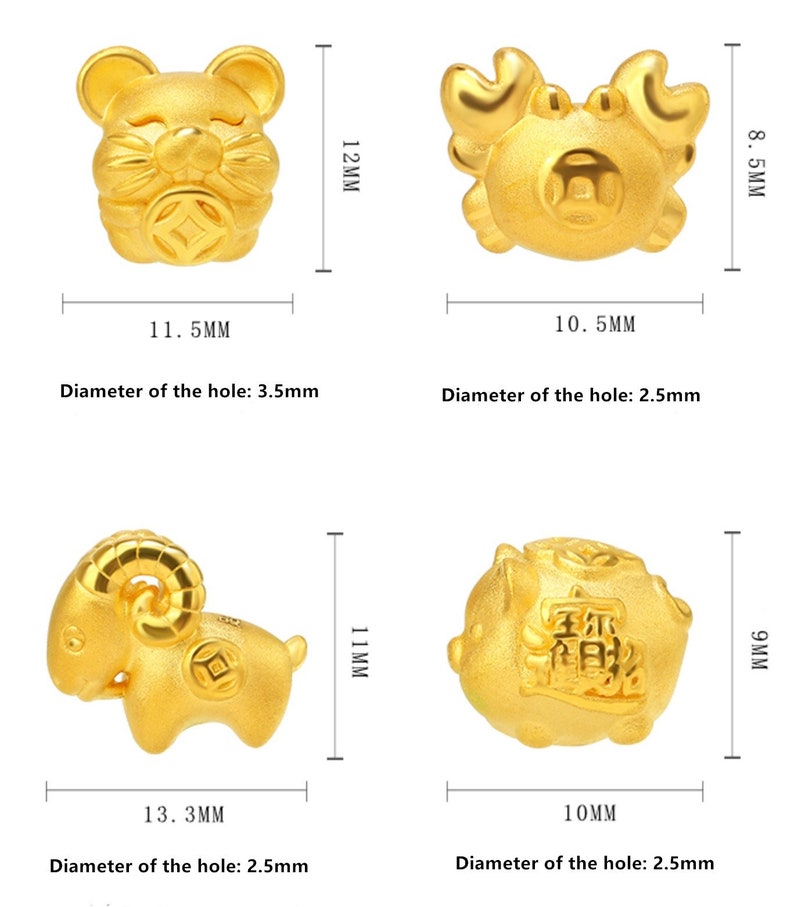 May include: Four gold-colored charms depicting the Chinese zodiac animals: rat, crab, ram, and pig. Each charm has a hole for attaching to a bracelet or necklace. The charms are approximately 1-1.5 inches in size.