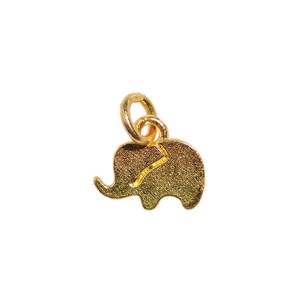 May include: A small, gold-colored elephant charm with a textured surface. The charm has a loop at the top for attaching to a necklace or bracelet. The elephant has a trunk, ears, and a tail. The charm is set against a white background.