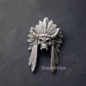 Hecho a mano latón indio jefe cráneo cadena cadena conector decorativo cierre de cuero