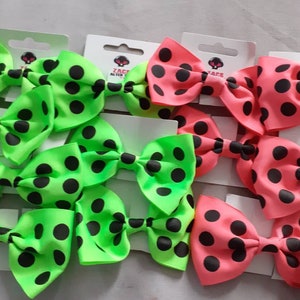 May include: A set of 10 hair bows with polka dot patterns. The bows are made of fabric and come in two colors: neon green and pink. The bows are attached to a white card with the text "Zacs All For You" printed on it.