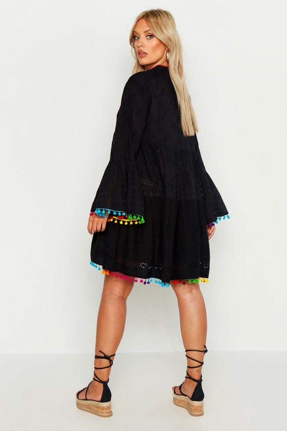 Boohoo Plus Broderie Anglaise Boho Smock Black Dress - Etsy