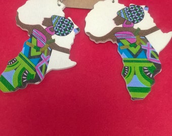 Large Ethnic African Map Handmade Wooden Drop Earrings