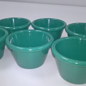 Pode incluir: Seis ramequins de plástico azul-esverdeado, também conhecidos como tigelas para molhos, estão dispostos sobre uma superfície branca. As tigelas são todas do mesmo tamanho e formato, e estão todas vazias.
