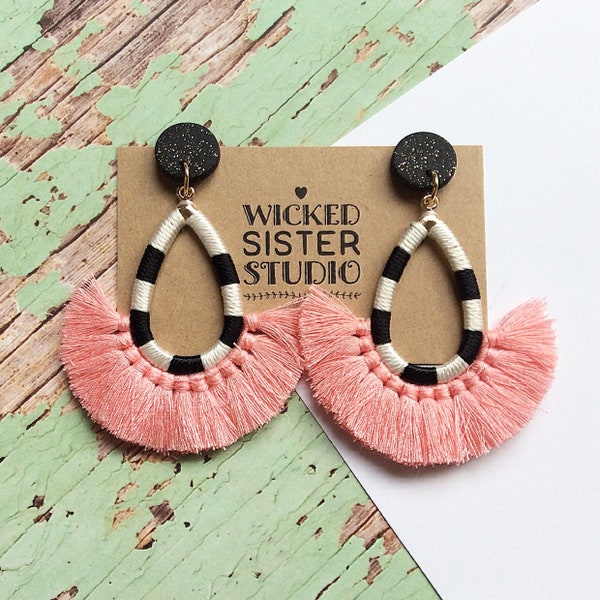 Salmon coloured tassel earrings, tassel fringe earrings, tassel dangle earrings made by wickedsisterstudio