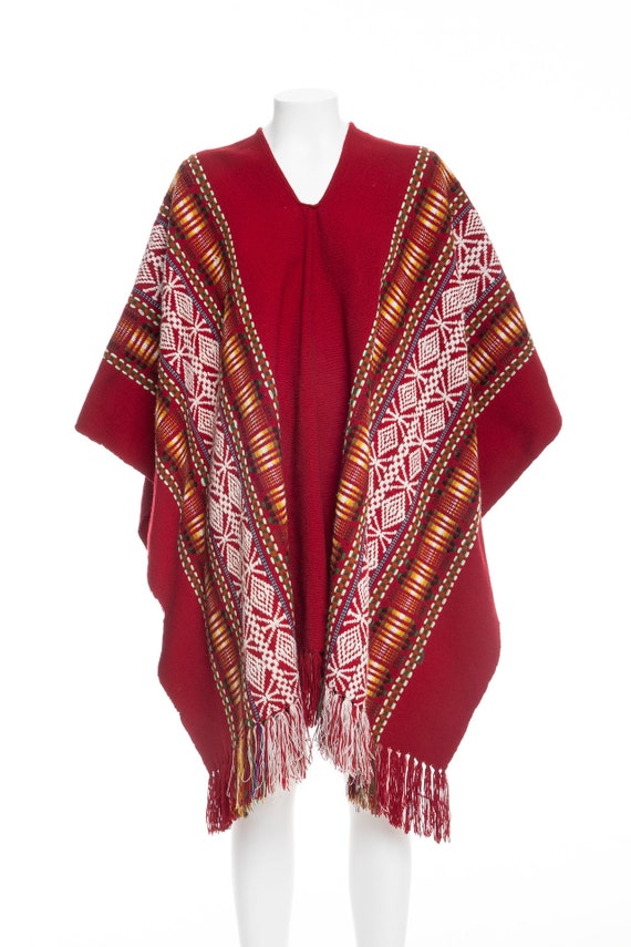 VINTAGE Wool Red Fringes MEXICAN PONCHO