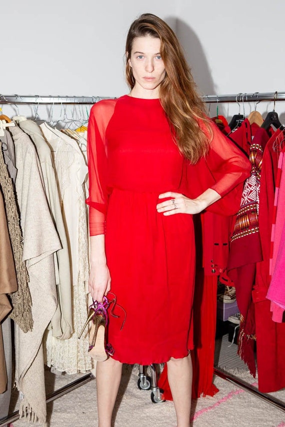 HALSTON Vintage 70s Iconic Red silk chiffon dress