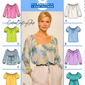 May include: McCall's 9308 sewing pattern envelope featuring illustrations of six different blouse variations with various sleeve lengths, necklines, and patterns, including floral, gingham, and solid colors, labeled A through F.