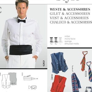 May include: A Burda Style sewing pattern featuring a man in formal wear, with a black cummerbund and bow tie. The pattern includes vests, ties, and accessories. Sizes range from US 36 to 50.