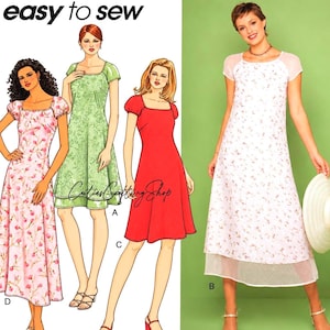 May include: Simplicity sewing pattern 9118 for sizes 10, 12, 14, and 16. The envelope features illustrations of four dress variations with short sleeves and square necklines, including floral prints and solid red fabric options.