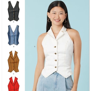 May include: Simplicity sewing pattern S3067 for a sleeveless, collared vest with button closures. The pattern includes four different styles: black, denim, brown, and red.