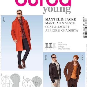 以下が含まれることがあります： Burda Youngのパターンシート。コートとジャケットのデザインが特徴です。画像には、オレンジ色のコートを着た男性と、ジャケットを着た他の2人のモデルが写っています。「MANTEL & JACKE」とEURとUSのサイズ表が含まれています。
