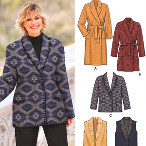 May include: Simplicity sewing pattern 5855 for jackets and vests in sizes M, L, and XL. The pattern includes illustrations for a long belted coat, a shorter belted coat, a patterned blazer, a faux fur-lined vest, and a sleeveless vest with pockets.