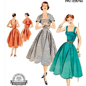 May include: Vogue Patterns vintage sewing pattern featuring illustrations of women's dresses. The design includes a striped dress, a teal dress, and a rust-colored dress. The pattern is a reissue from 1952, designed and printed in the USA.