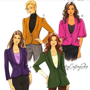 May include: Butterick sewing pattern B5392, size A (6-8-10-12), featuring illustrations of four jacket variations. The designs include a purple jacket, a mustard yellow jacket, a dark green jacket, and a bright pink jacket with puff sleeves.