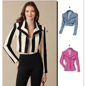May include: McCall's sewing pattern M8533 for a cropped jacket with a collar. The pattern includes three different styles: a black and white striped jacket, a blue jacket, and a pink jacket.