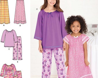 Easy Sewing Pattern for Girls Pajamas, Pajama Tops, Pajama Pants, Girls Nightgown, Maxi Nightgown, Simplicity 1722, Size 3-6 7-14, Uncut FF