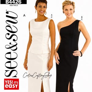 May include: See & Sew pattern B4426 features two floor-length dresses. One is a white sleeveless dress with a round neckline and a front slit. The other is a black one-shoulder dress with a front slit. The pattern includes text B4426 and YES! IT'S EASY.