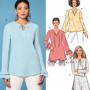 May include: Butterick B4133 sewing pattern for a long-sleeved tunic with a keyhole neckline and tie closure. The design features tiered ruffle cuffs on the sleeves. The pattern includes illustrations for four variations labeled A, B, C, and D.