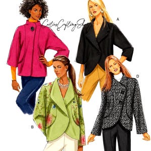 May include: Butterick sewing pattern B5423 for jackets in size EE (14-16-18-20). The illustration displays four jacket variations: a magenta high-neck jacket, a black blazer, a light green floral embroidered jacket, and a black and white patterned jacket.