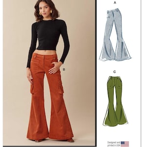 May include: McCall's sewing pattern M8531 for flared pants with pockets. The pattern includes three different styles: a pair of blue denim pants, a pair of orange corduroy pants, and a pair of green pants. The pattern is designed and printed in the USA.