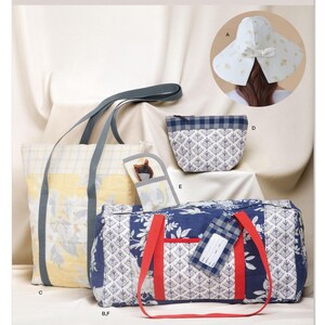 May include: A Simplicity sewing pattern envelope S9814 for Laura Ashley accessories. The cover displays a tote bag, a duffel bag with red straps, a small zippered pouch, and a sun hat with a bow. Text includes S9814, LAURA ASHLEY SINCE 1953, and Designed and printed in USA.