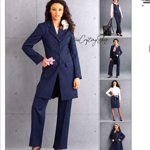 May include: McCall's M4601 sewing pattern for a non-stop wardrobe. The envelope features a navy blue pinstriped long jacket and matching trousers, along with variations including a vest, skirt, and dress. Size range CCD 10-12-14-16 is indicated.