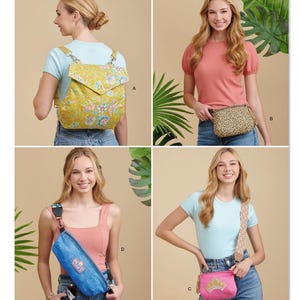 May include: Simplicity pattern S9936 for sewing bags, featuring four variations: a yellow floral backpack, a leopard print crossbody bag, a blue fanny pack with a patch, and a small pink crossbody bag with a crown patch, labeled easy-to-sew.