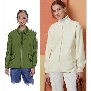 Puede incluir: Un patrón de costura para una chaqueta con cremallera con dos estilos diferentes. El patrón es de Butterick y el número de patrón es B7008. La chaqueta de la izquierda es verde y la chaqueta de la derecha es blanca.