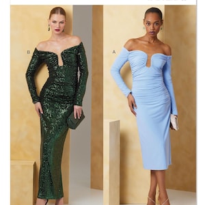 May include: Vogue Patterns V2063 dress pattern. The image shows two off-the-shoulder dresses. One is a long, emerald green sequined gown. The other is a light blue, knee-length dress with long sleeves. The Vogue Patterns logo is at the top.