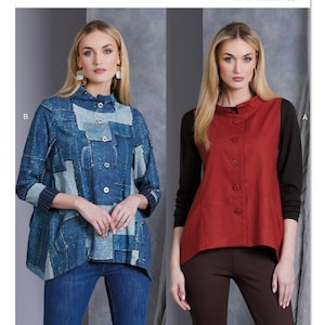 May include: Vogue Patterns V1970 sewing pattern envelope featuring Marcy Tilton designs. View B shows a blue patchwork-style button-front top with a high collar. View A shows a solid red button-front top with black long sleeves and a high collar.