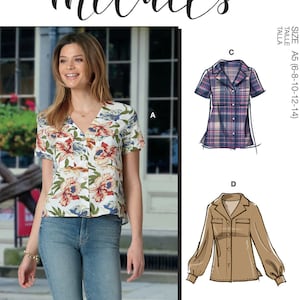 May include: A sewing pattern for a blouse with multiple views. The pattern includes instructions and a hashtag #LivMcCalls. The pattern is for sizes 6-8-10-12-14.