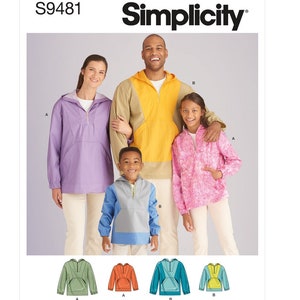 May include: Simplicity pattern S9481 features a family wearing hooded pullovers in various colors. The pattern includes illustrations of the pullover design in green, orange, blue, and yellow. The text "Simplicity" is at the top.