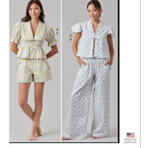 May include: McCall's sewing pattern M8563 for a two-piece pajama set with a ruffled top and either shorts or pants. The model on the left is wearing a yellow floral print top and shorts, while the model on the right is wearing a blue and white floral print top and pants.