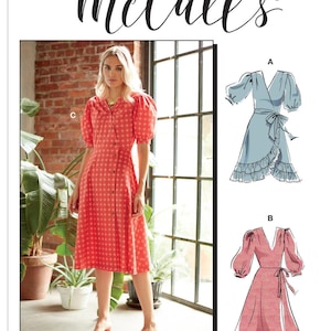 Easy Sewing Pattern for Women&#39;s Dress, Puff Sleeve Dress, Summer Dress Pattern, Wrap Dress, McCalls 8036, Size 6-14 and 14-22, Uncut and FF