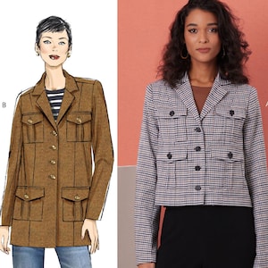 May include: Butterick B7059 sewing pattern showing two jacket designs. One is a long brown jacket with pockets and buttons. The other is a cropped jacket in a black and white check pattern.
