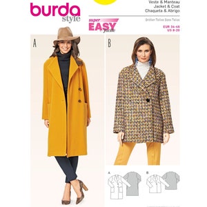 May include: Burda Style sewing pattern number 6736 for a jacket or coat. The pattern includes two different styles, one with a solid yellow color and the other with a multicolored checkered pattern. The pattern is for sizes EUR 34-46 and US 8-20.