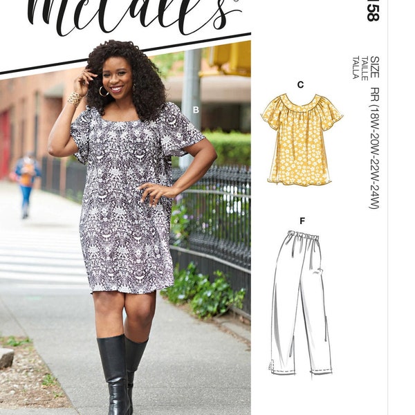 Easy Sewing Pattern for Women's Tops, Dress, Shorts, and Capris, Square Neckline Dress, McCall's 8158, Plus Size 18W-24W 26W-32W, Uncut