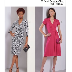 May include: Vogue Patterns V1952. Two women model dresses. One dress is black and white geometric print with long sleeves. The other is a solid pink wrap dress with short sleeves. The Vogue Patterns logo is at the top.