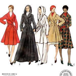 Puede incluir: Patrón de costura Vogue Patterns con ilustraciones de cinco diseños de abrigos. Los abrigos se muestran en rojo, negro, blanco, beige y a cuadros. El texto dice "REISSUE CIRCA 1972 DESIGN" y "AUTHENTIC".