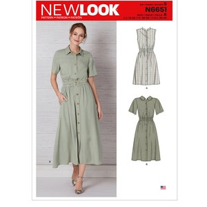 May include: A sewing pattern for a dress with a button-up front and a gathered waist. The pattern is for sizes 10-22 and includes two different styles: a sleeveless dress with stripes and a dress with short sleeves.